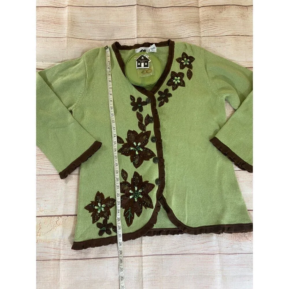 NWT Vintage Storybook Knits Green Floral Knit Button Front Cardigan - Large - Picture 4 of 12